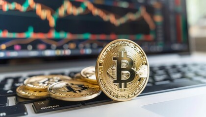 Aufkleber - A close-up of Bitcoin coins on a laptop keyboard with cryptocurrency charts in the background, highlighting digital finance.