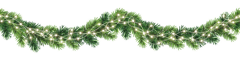 Wall Mural - seamless decorative christmas border with lights garland and coniferous branches isolated on transpa