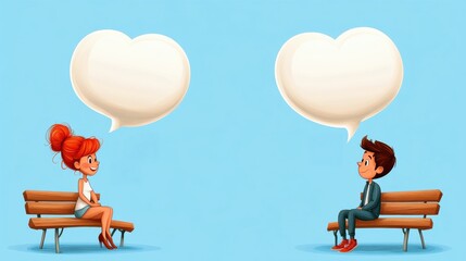 Poster - Two characters sit on benches, gazing at each other, with heart-shaped speech bubbles above their heads, symbolizing love and connection.