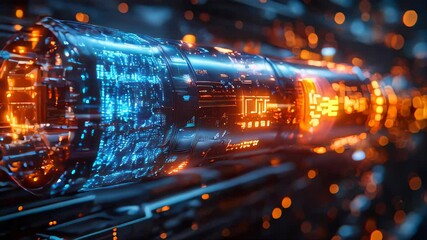 Poster - Close-up view of a futuristic digital energy conduit, illuminated with vibrant orange and blue circuits, symbolizing data flow and advanced technology