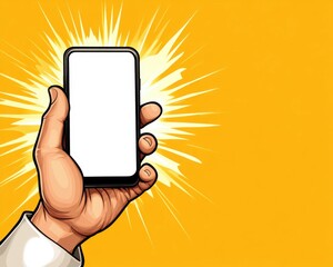 Fototapete - A hand holding a blank smartphone against a vibrant yellow background, illustrating digital communication and modern technology.