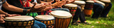The Rhythm of Kinship: A drum circle with people from different backgrounds playing together in harmony.