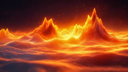 Poster - Abstract orange digital landscape with mountains, glowing dots creating futuristic high-tech scenery in space