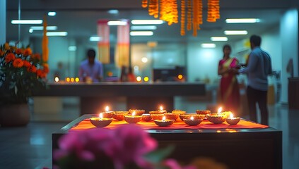 Wall Mural - Corporate Diwali Celebration: Gift Exchange and Diyas in a Festive Office Setting