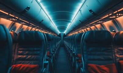 Poster - An empty airplane cabin with blue and orange lights, rows of black seats.