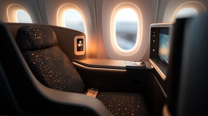Poster - An empty airplane seat with a window and a screen.