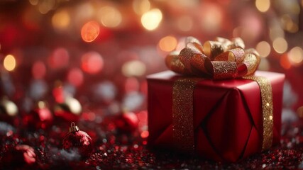 Wall Mural - A red gift box with a golden bow sits on a bed of red glitter, with a blurred background of warm, festive lights.