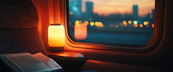 Poster - Book and Lamp on a Train Seat with Window View of a City at Sunset.