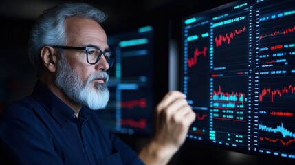 Poster - A man with a beard and glasses examines digital financial charts on multiple screens in a dark office. The colorful graphs and data reflect the dynamics of the stock market in the evening