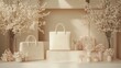 © Enggal Pitoyo - Three elegant white leather handbags on a white platform with floral arrangements on either side.