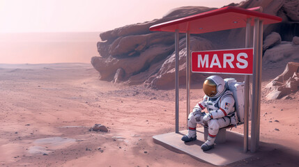 Wall Mural - astronaut waiting at a bus stop labeled mars on the red planet during a calm evening