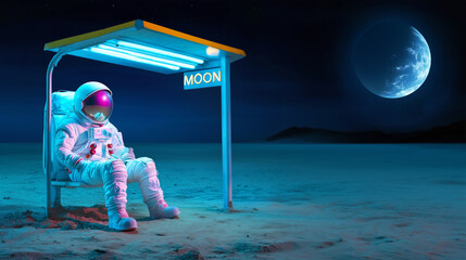 Wall Mural - astronaut relaxing at a lunar bus stop under a glowing moon in a serene extraterrestrial landscape