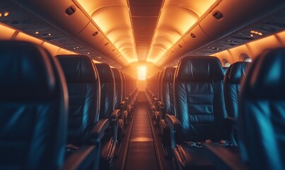 Poster - Empty airplane cabin with rows of seats and warm, ambient lighting, with a view of a sunrise or sunset through the window at the end of the aisle.