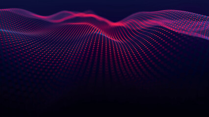 Poster - Futuristic point wave of particles. Visualization of sound waves. Dark background. Technology or science banner. Abstract digital 3D wave. Vector illustration.