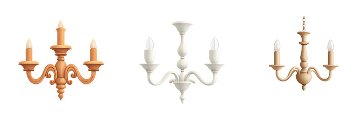 Three elegant chandeliers in various colors, displayed against a white isolated background. transparent background