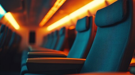 Poster - Empty blue seats on a train with orange lighting.