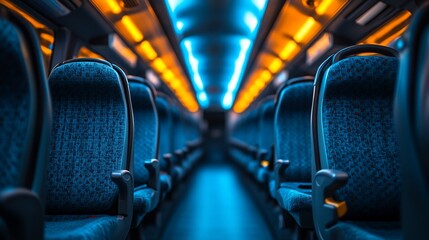 Poster - Empty bus seats with blue and yellow lighting, the interior of a bus with focus on seats.