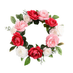 Wall Mural - Floral border with pink, red, and white flowers, on a soft pink background. PNG transparent.