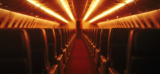 Poster - Empty rows of seats in an airplane cabin with overhead lights illuminating the aisle.