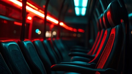 Poster - Empty seats on a public bus illuminated by red and blue lights.