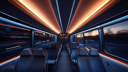 Poster - Interior shot of a modern, futuristic bus with orange accents and a sleek design, with a view of the city lights through the windows.