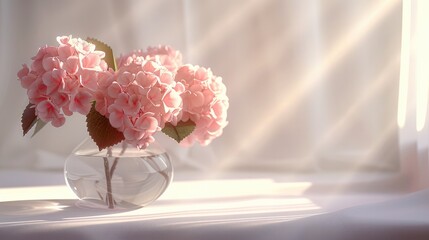 Poster - Sun-ray illuminate a transparent vase with pink hydrangeas on a white background.