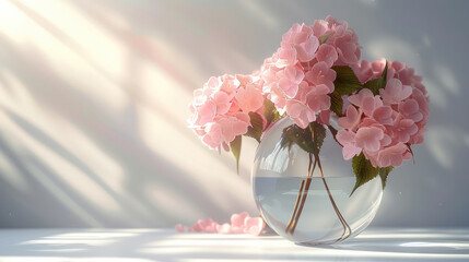 Poster - Sun-ray illuminate a transparent vase with pink hydrangeas on a white background.