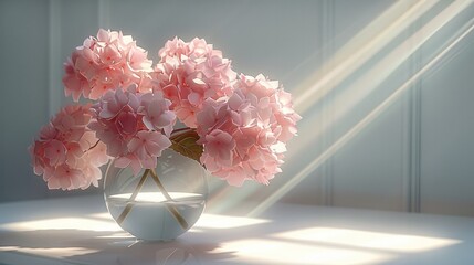 Poster - Sun-ray illuminate a transparent vase with pink hydrangeas on a white background.
