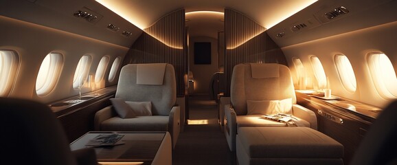Poster - Luxurious interior of a private jet with plush seats, wooden accents, and large windows.