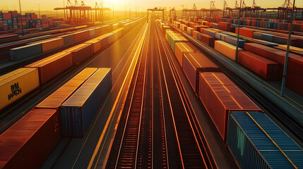 Wall Mural - golden sunlight reflects off colorful shipping containers, neatly arranged along railway tracks, sym