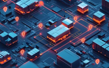 Poster - This abstract digital illustration showcases a network of interconnected buildings with glowing markers, representing advanced technology and smart urban planning in a modern city.