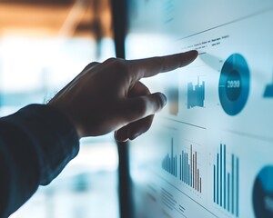 Poster - A close-up view of a person's hand pointing at a digital display showcasing various business graphs and analytics, representing data analysis and technology in the corporate world.