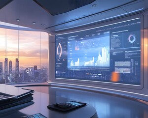 Fototapete - A futuristic office space featuring a large digital display with data analytics and graphs, highlighting modern technology and advanced monitoring systems with a city view at sunse