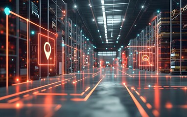 Poster - A futuristic warehouse interior featuring digital navigation elements, showcasing smart technology in logistics and inventory management