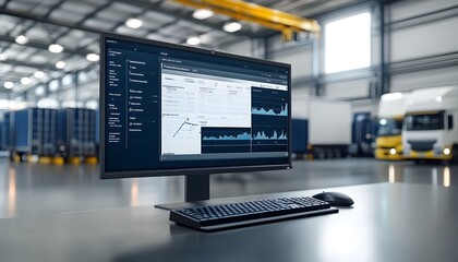 Poster - a modern computer workstation in a warehouse setting, displaying analytical data on a large screen. 