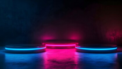 Poster - A modern illuminated background featuring circular platforms in blue and pink neon lights, perfect for showcasing products or creating a vibrant, dynamic aesthetic.