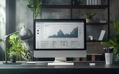 Poster - A modern workspace featuring a sleek computer displaying analytics data. A well-organized desk with a lamp and greenery creates an inviting atmosphere for productivity.