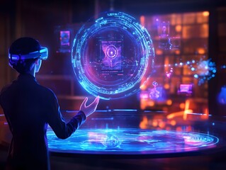 Poster - a person wearing a virtual reality headset interacts with a holographic display, showcasing futurist