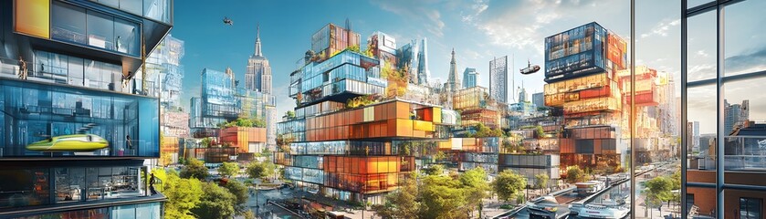 Poster - A vibrant cityscape showcasing modern architecture and innovative design elements, featuring bright colors and futuristic structures against a clear blue sky.