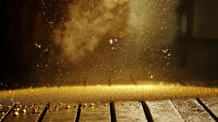 Wall Mural - golden dust falls on a wooden surface, creating a magical and sparkling scene