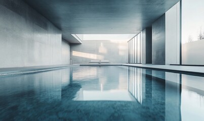 Poster - Modern indoor swimming pool with large windows and concrete walls.