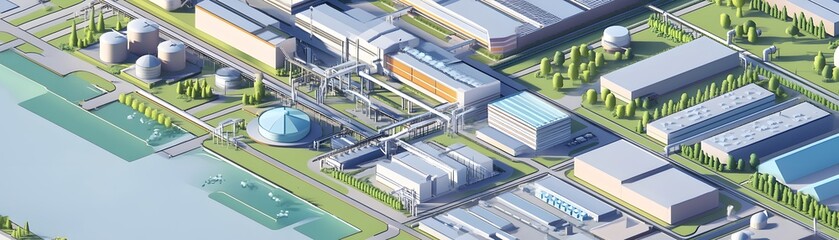 Poster - Aerial view of a modern industrial complex featuring factories, warehouses, and transportation networks