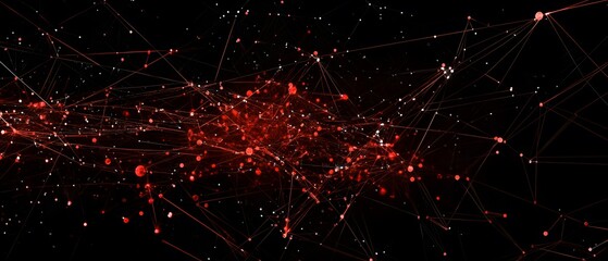 Poster - An abstract digital visualization featuring intertwined lines and nodes in vibrant red hues against a dark background, symbolizing data connections, networks, and technology innova