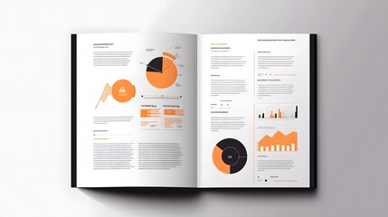 Poster - An open report featuring multiple charts, graphs, and analytics in orange and gray tones, showcasing business data insights and trends for effective decision-making.