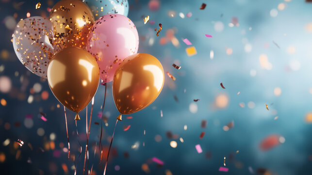 Happy New Year 2025 written with golden balloons and confetti falling on a vibrant background, symbolizing new beginnings and festive joy