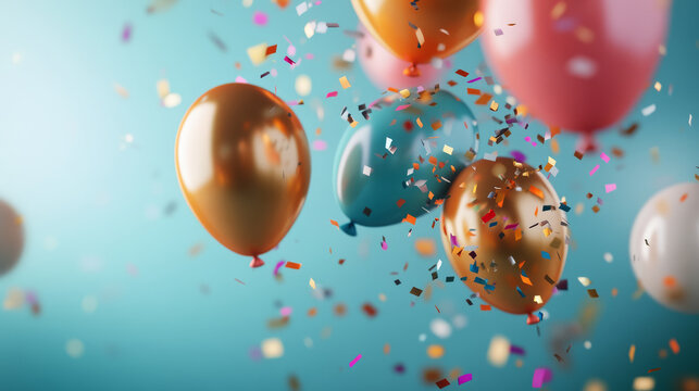 Happy New Year 2025 written with golden balloons and confetti falling on a vibrant background, symbolizing new beginnings and festive joy