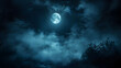 © Prasanth - Full moon illuminating a dark, cloudy night sky with dense blue fog. Halloween background , nighttime ambiance, lunar light concept, gothic aesthetic, eerie atmosphere.