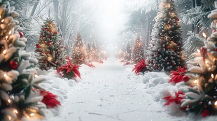 Poster - Christmas backdrop with Christmas trees and decorations on the sides of snow-covered paths, in an enchanted forest.