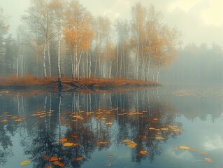 Poster - A small copse of birch and pine trees reflected in the water below, a misty autumn day, the sun tries to break through the foggy mist.