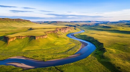 Poster - Winding river through lush green landscape under a clear blue sky, AI